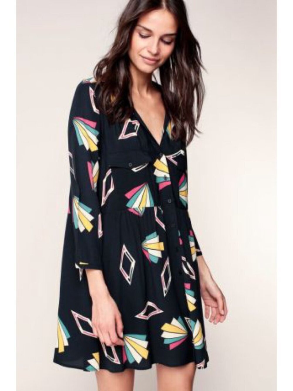 ba&sh Vocea Geometric Print Lady Dress Black Long Sleeve Button Front Dress
